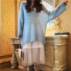 V-neck Long-sleeve Knit Top / High Waist Mesh Midi Skirt