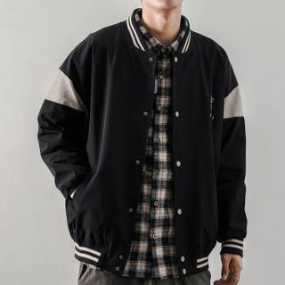 Two-tone Panel Print Baseball Jacket