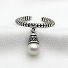 925 Sterling Silver Faux Pearl Open Ring Dark Silver - One Size