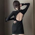 Cutout-back Button Mini Bodycon Knit Dress Black - One Size