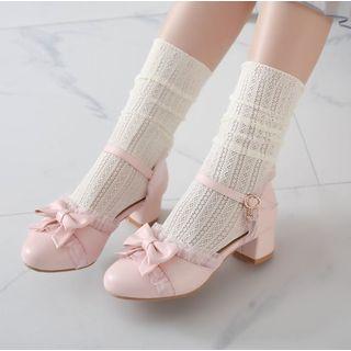 Ribbon Ruffled Ankle-strap Chunky-heel Pumps