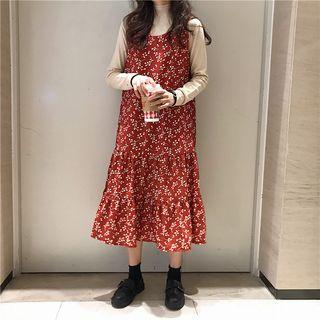 Long-sleeve Mock Neck Knit Top / Spaghetti Strap Floral Print Midi Dress