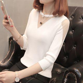 Mesh Panel 3/4 Sleeve Sweater
