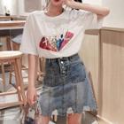 Glitter Embroidered Short-sleeve Top / Distressed A-line Denim Skirt