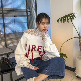 Off-shoulder Fringed Lettering Pullover
