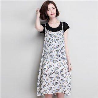 Set: T-shirt + Spaghetti Strap Floral Dress