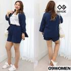 Plus Size Set: V-neck Slit-side Cardigan + Shorts