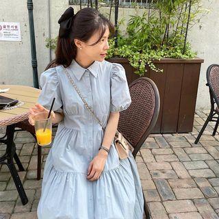 Puff-sleeve Midi A-line Shirtdress Blue - One Size