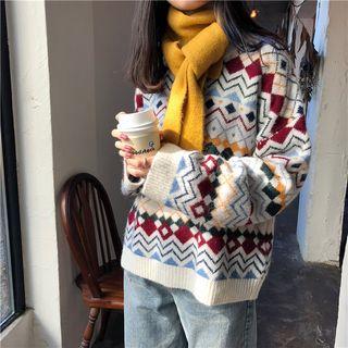Long Sleeve Pattern Sweater White - One Size