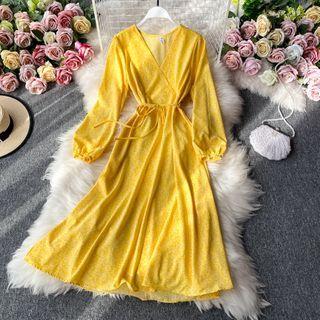 V-neck Tie Waist Plain Chiffon Long-sleeve Dress