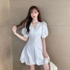 V-neck Puff-sleeve Slim-fit Dress White - One Size