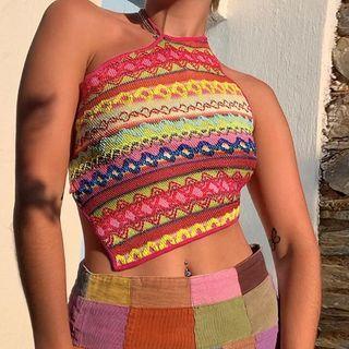 Halter-neck Pattern Print Knit Crop Camisole Top