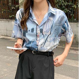 Short-sleeve Print Shirt Grayish Blue - One Size