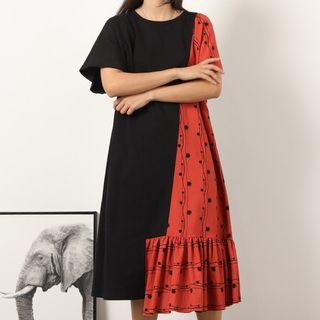 Printed Two-tone Short-sleeve Midi T-shirt Dress