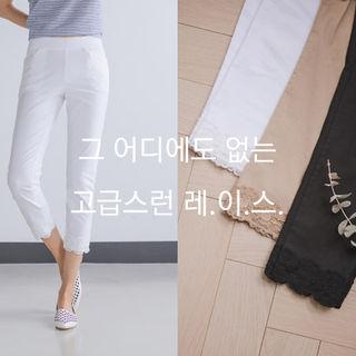 Lace-hem Linen Blend Stretch Pants
