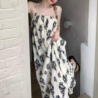 Spaghetti-strap Open-back Floral Midi A-line Dress