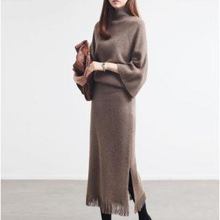 Set: Turtleneck Sweater + Fringe Midi Skirt