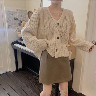 Set: Cable-knit Cardigan + Faux Leather Mini A-line Skirt