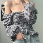 Balloon-sleeve Plaid Ruched Blouse As Shown In Figure - One Size