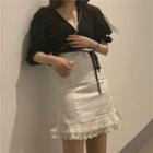 Elbow-sleeve Cropped Top / Spaghetti-strap Mini Sheath Lace Dress