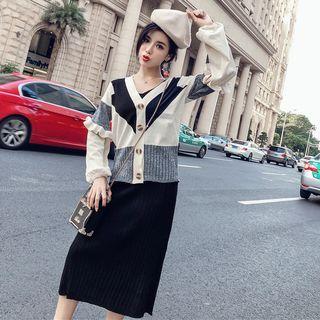 Set: Color Block Cardigan + Strappy Knit Midi Dress Set - Almond & Black - One Size