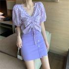 Short-sleeve Gingham Drawstring Blouse / Mini Skirt