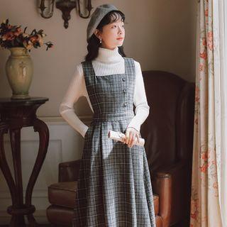 Set: Turtleneck Sweater + Plaid Midi Jumper Dress