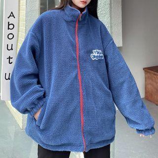 Reversible Fleece Zip-up Jacket / Lettering Padded Bomber Jacket