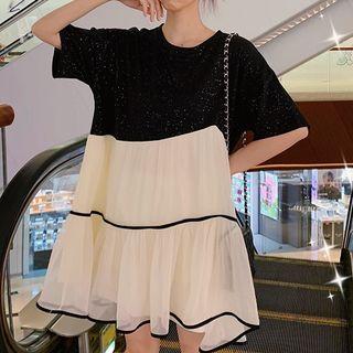 Short-sleeve Mesh Panel Mini Dress As Shown In Figure - One Size