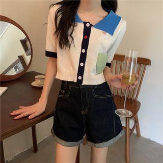 Short-sleeve Knit Top Black & Blue & White - One Size