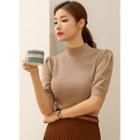 Mock-neck Puff-sleeve Rib-knit Top