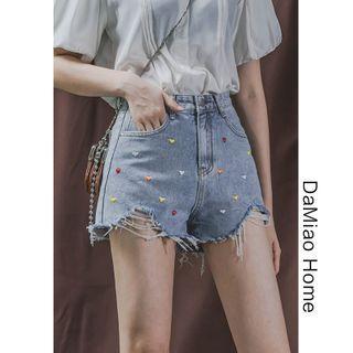 Heart-embroidered High-waist Denim Hot Shorts