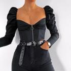 Zip-up Puff-sleeve Cropped Top