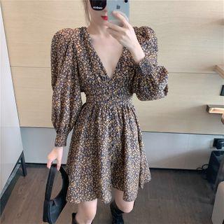 Puff-sleeve Floral Print A-line Dress Floral - Yellow & Dark Blue - One Size