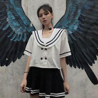Set : Peter Pan Collar Short Sleeve Blouse + Striped Mini Skirt As Shown In Figure - One Size