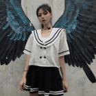Set : Peter Pan Collar Short Sleeve Blouse + Striped Mini Skirt As Shown In Figure - One Size