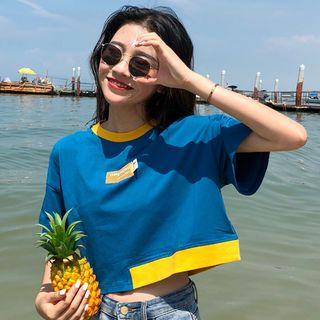 Short-sleeve Colour Block Cropped T-shirt