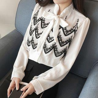 Lace Panel Tie-neck Chiffon Blouse