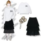 Chinese Character Pullover / Tiered Midi Skirt / Sandals