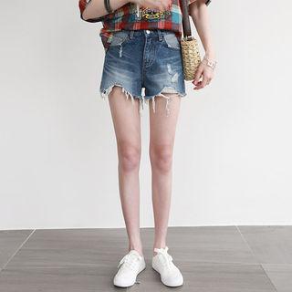 Distressed Washed Two-tone Denim Shorts