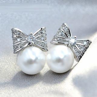 S925 Silver Rhinestone Faux-pearl Bow Stud Earring