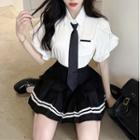 Short-sleeve Frill Trim Blouse / Tie / Pleated Mini Skirt / Set
