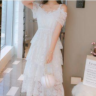 Lace Cold Shoulder Midi A-line Dress