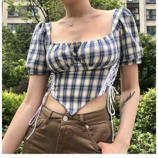 Short Sleeve Square-neck Plaid Lace-up Crop Top