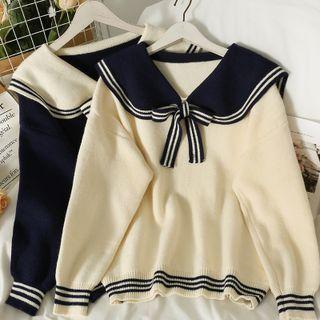 Stripe-trim Sailor-collar Loose Sweater
