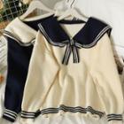 Stripe-trim Sailor-collar Loose Sweater