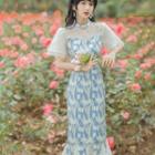 Short-sleeve Flower Print Ruffle Hem Midi Sheath Dress