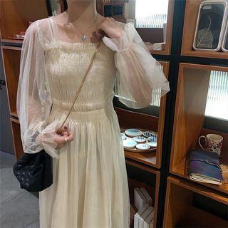 Set: Balloon-sleeve A-line Maxi Mesh Dress + Slipdress