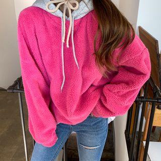 Contrast-hood Oversized Fleece Pullover