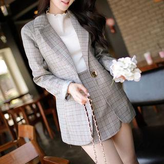 Set: One-button Glen-plaid Blazer + Wrap-front Mini Skort